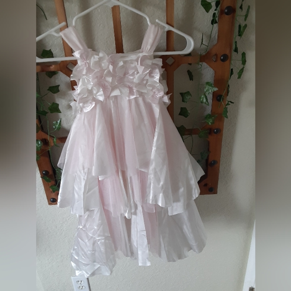 Darling baby pink and white satin and tool bow dress